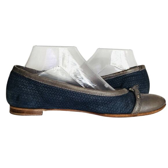 Agl Shoes - AGL Sz 9 Vero Cuoio Italian Gray Leather Toe Dble Bkl Blue Suede Braided Flats